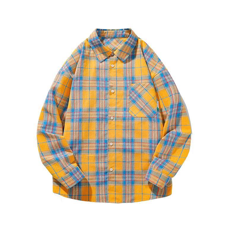 Long Sleeve Collared Plaid Shirt Product Image