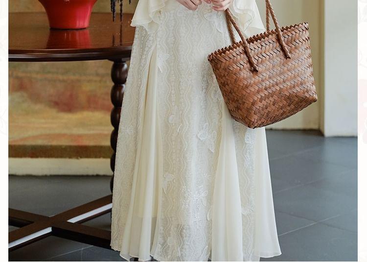 Bell Sleeve Mandarin Collar Panel Lace Midi A-Line Dress Product Image