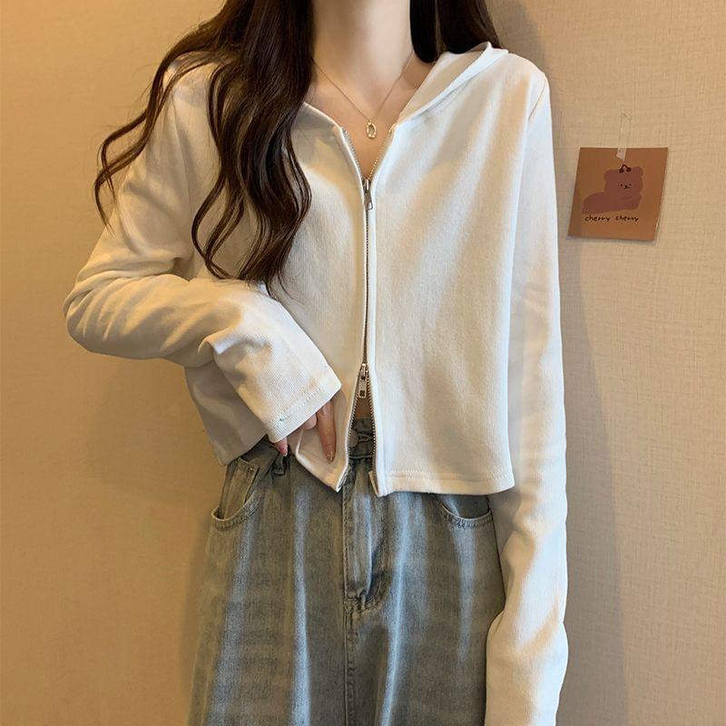 Long-Sleeve Zip-Up Hooded Plain Top Product Image