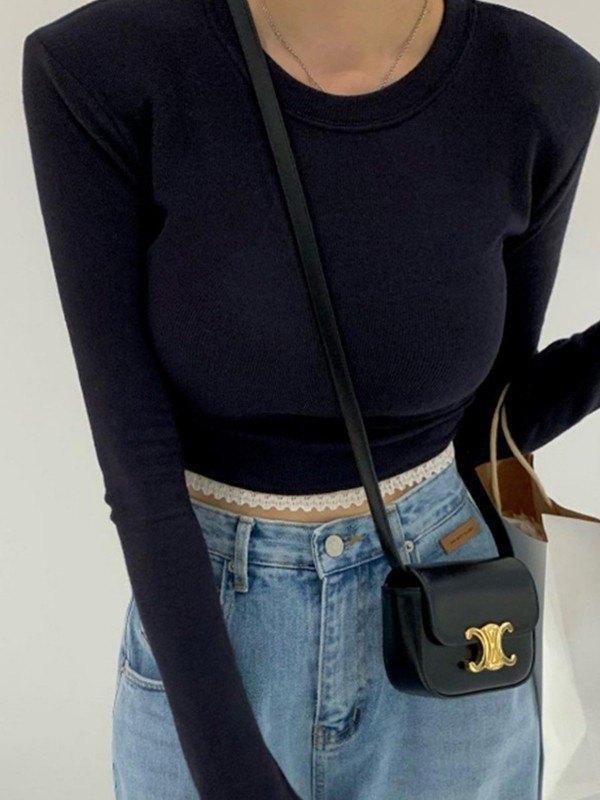 Lace Trim Padded Shoulder Ribbed Knit Crop Top Product Image