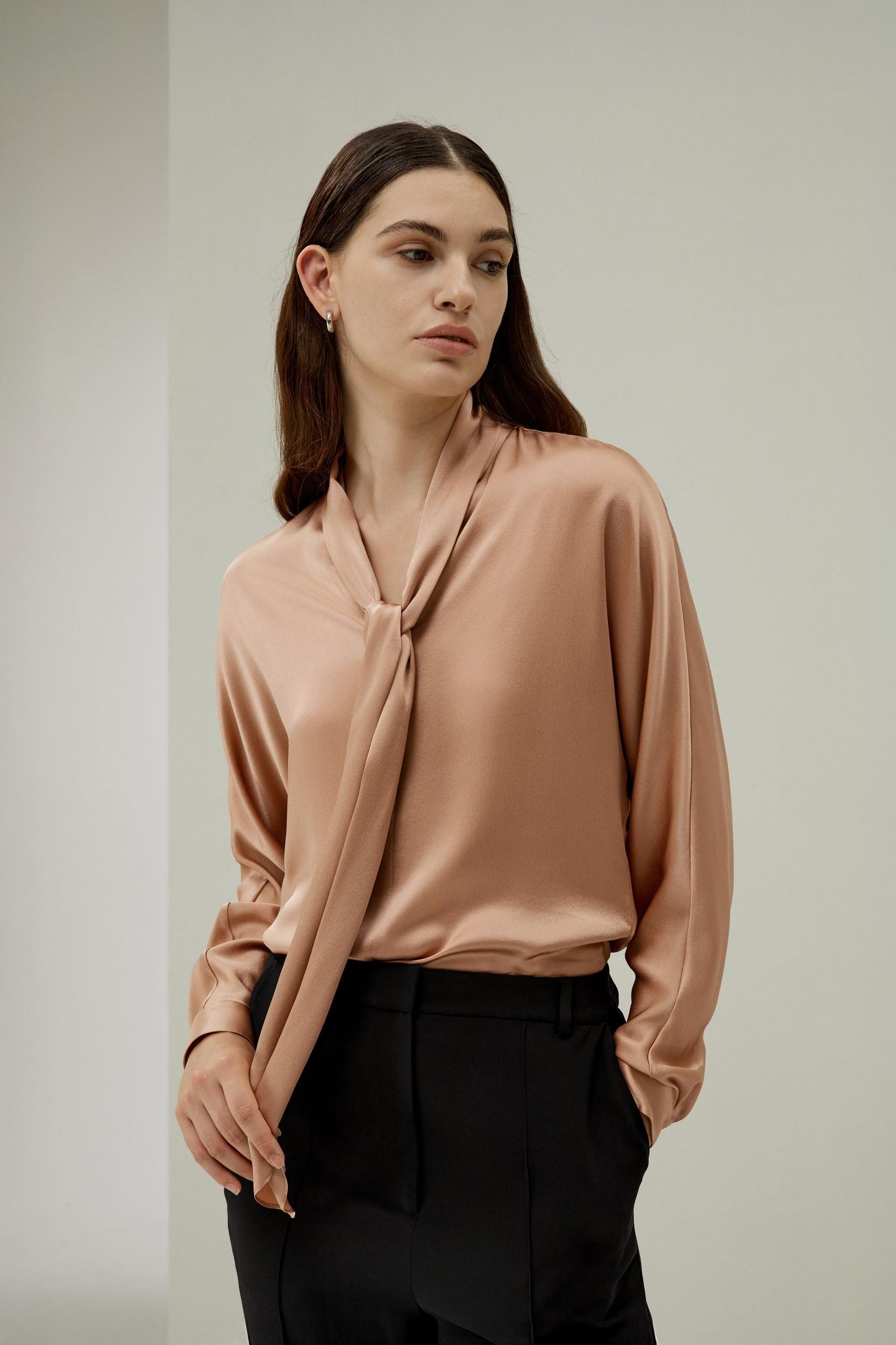 Bat Sleeve Silk Top with Adjustable Neck Tie Product Image