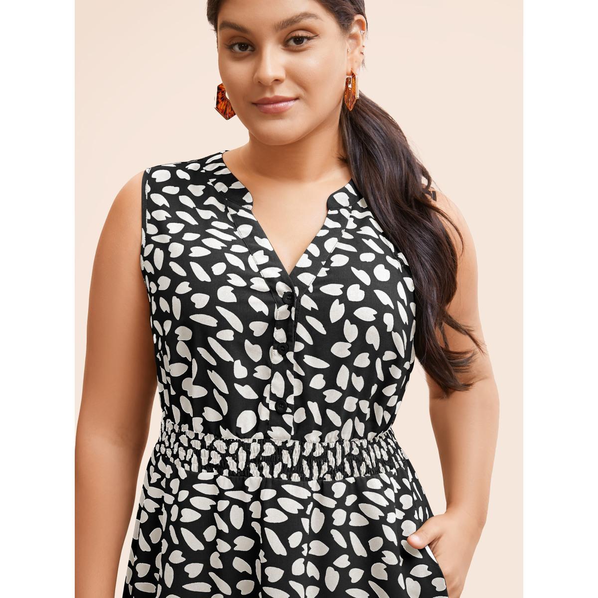 Plus Size Leopard Print Notched Shirred Tank Dress Black Women At the Office Button Flat collar with V-notch Sleeveless Curvy BloomChic 30/6X Product Image