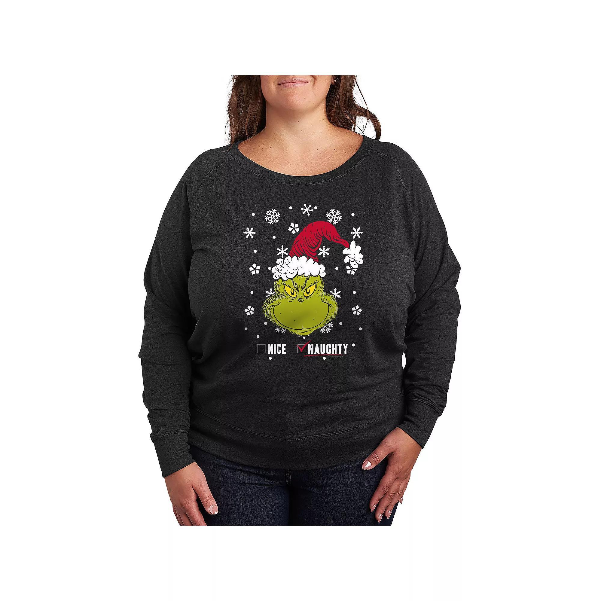 Plus Size Dr. Seuss The Grinch Naughty Or Nice French Terry Long Sleeve Tee, Women's, Size: 1XL, Heather Grey Product Image