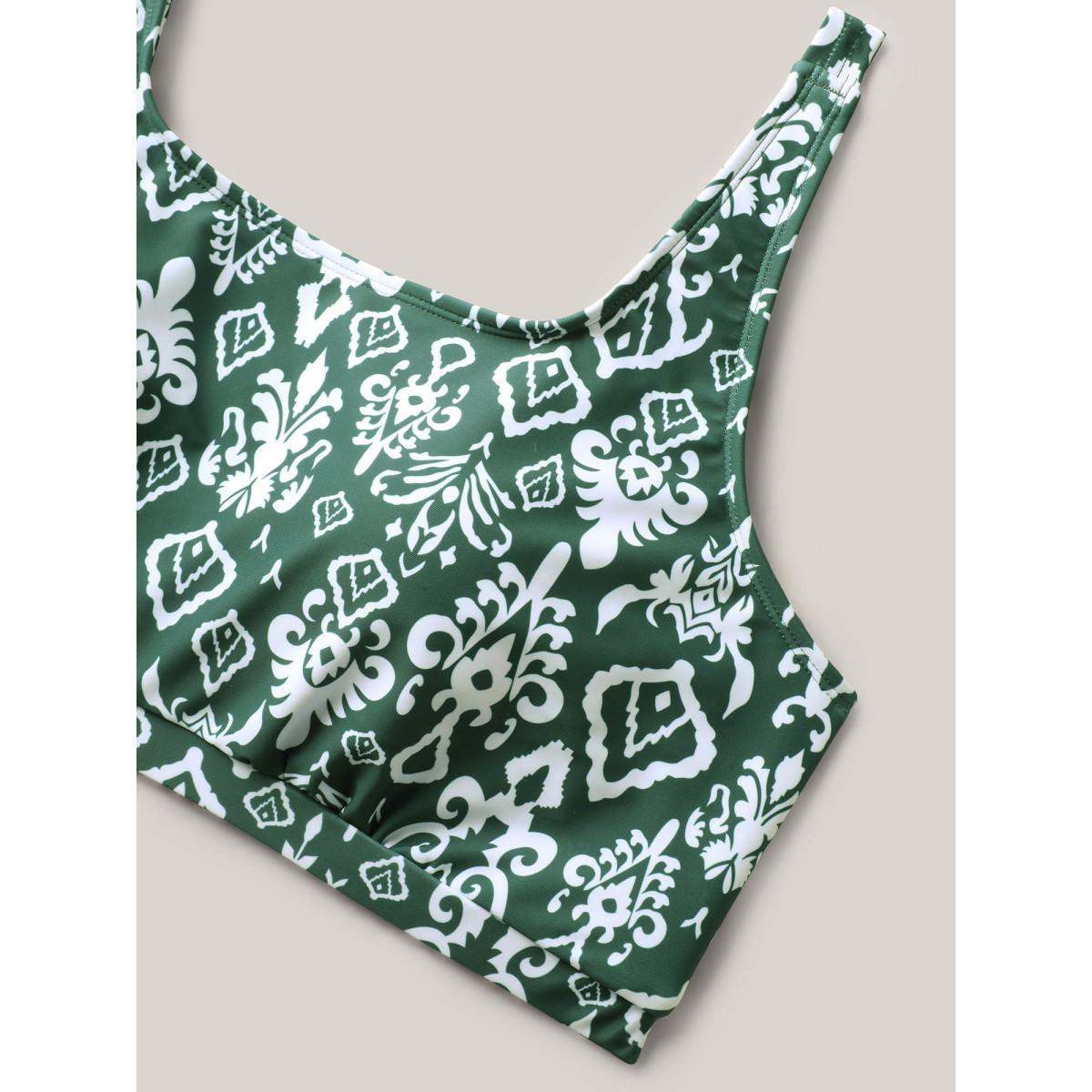 Plus Size Two-Piece Boho Print Swim Top Women's Swimwear DarkGreen Resort Cut-Out High stretch Bodycon U-neck Curve Swim Tops BloomChic 28/5X Product Image