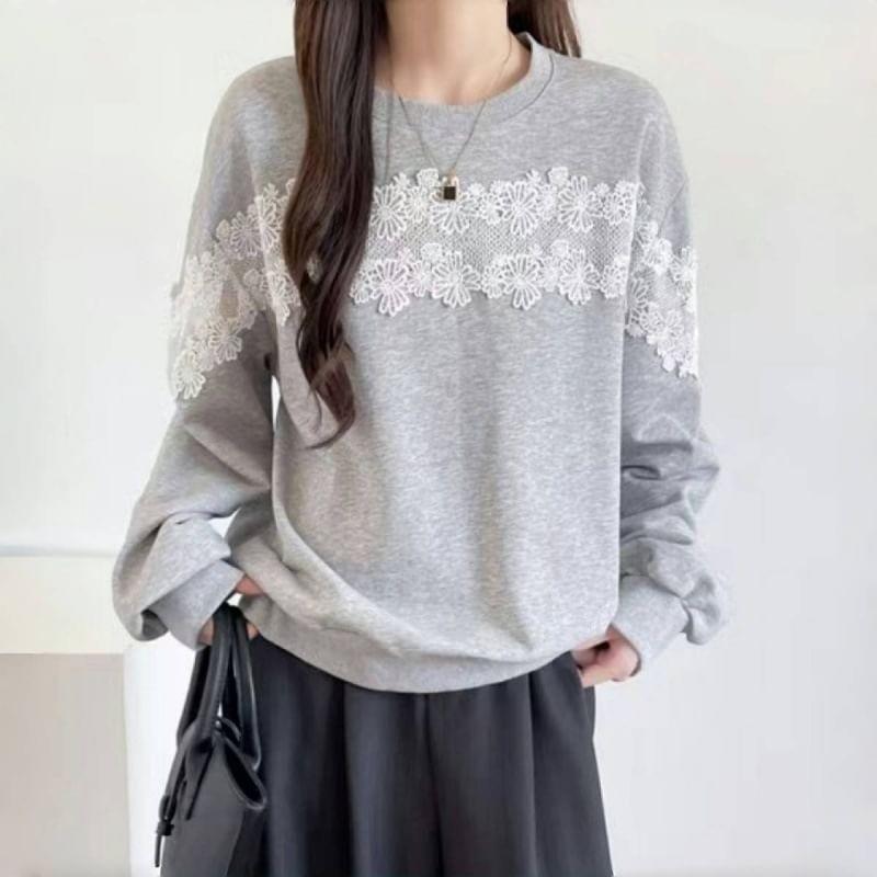 Long-Sleeve Round Neck Lace Trim Sweatshirt Product Image