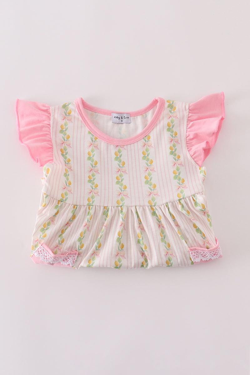 Pink lemon print bow ruffle shorts set Product Image