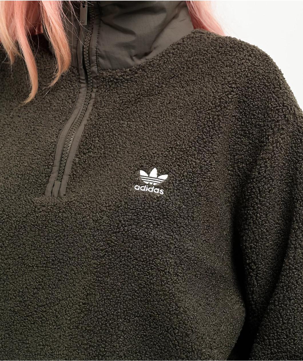 adidas Trefoil Teddy Fleece Olive Half Zip Jacket Product Image