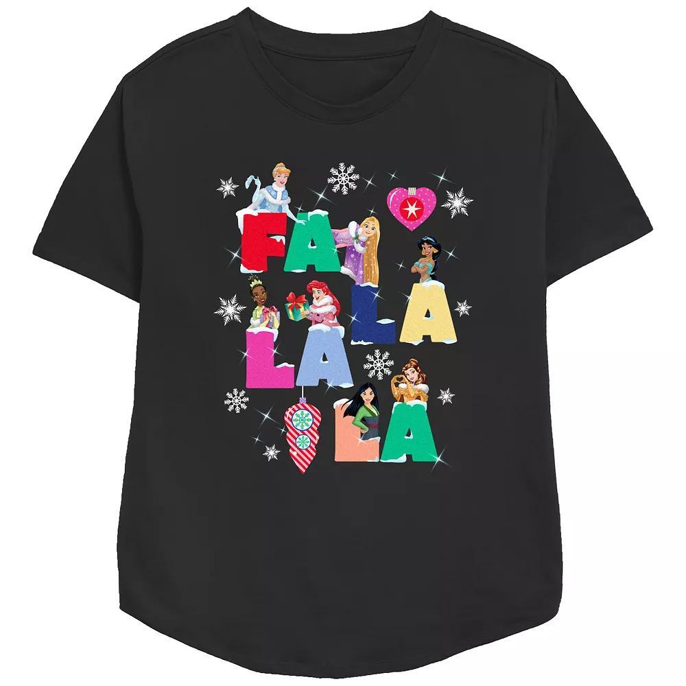 Disney Princess Cinderella, Rapunzel, Jasmine, Tiana, Ariel, Mulan & Belle Fa La La La Christmas Singing Women's Relaxed Fit Graphic Tee,  Product Image
