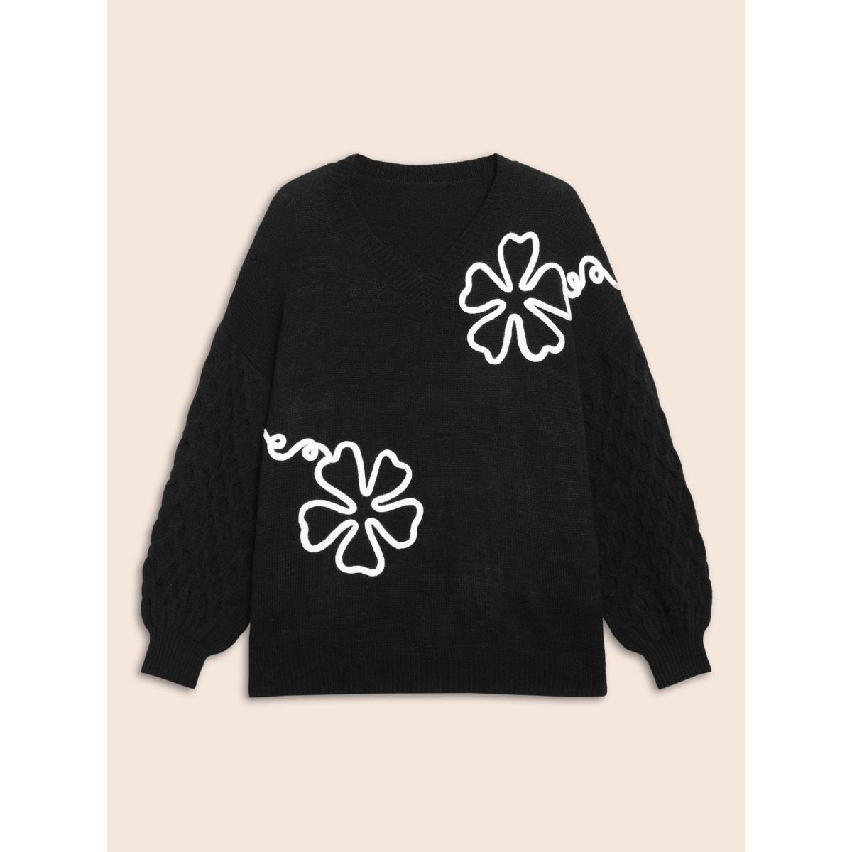Plus Size Crochet Floral Texture V Neck Pullover Black Women Casual Loose Long Sleeve V-neck Everyday Pullovers BloomChic 10/M Product Image