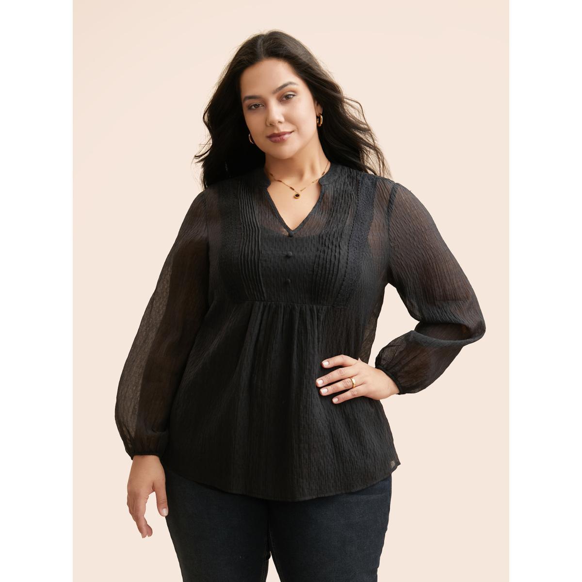 Plus Size Black Textured Lace Panel Pleated Blouse Women Elegant Long Sleeve V-neck Everyday Blouses BloomChic 26/4X Product Image