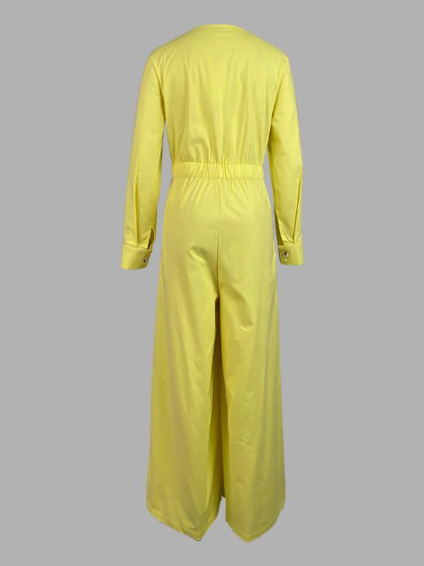 High Waisted Long Sleeves Buttoned Pockets Solid Color V-Neck Jumpsuits Product Image