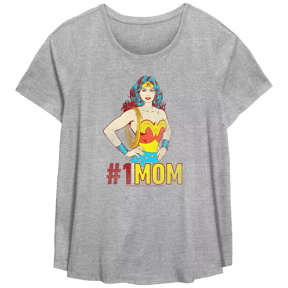 Plus Size Wonder Woman #1 MOM Scoop Hem Flowy Graphic Tee, Women's, Size: 2XL, Grey Gray Product Image