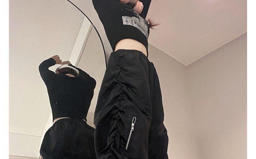 Drawstring Waist Plain Wide Leg Cargo Parachute Pants Product Image