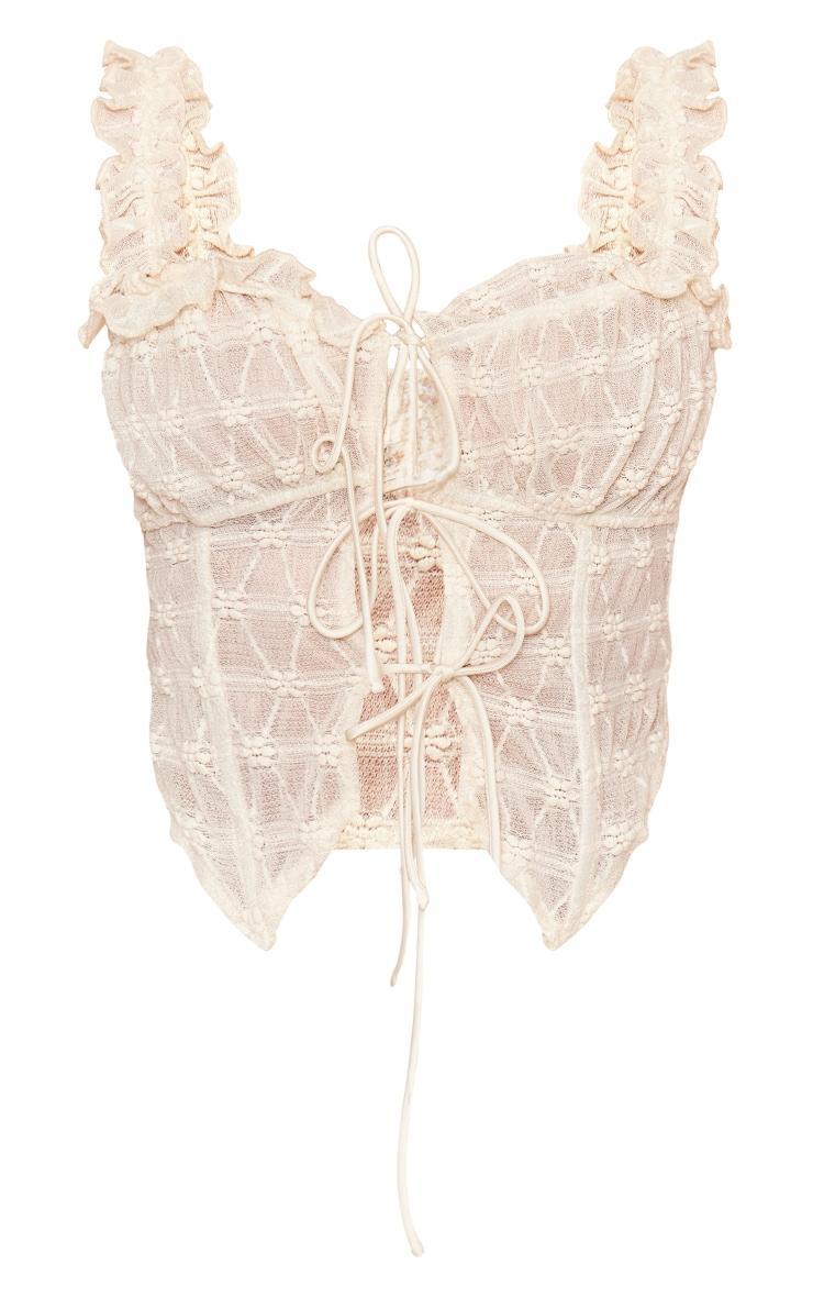 Cream Textured Floral Lace Up Front Top Product Image