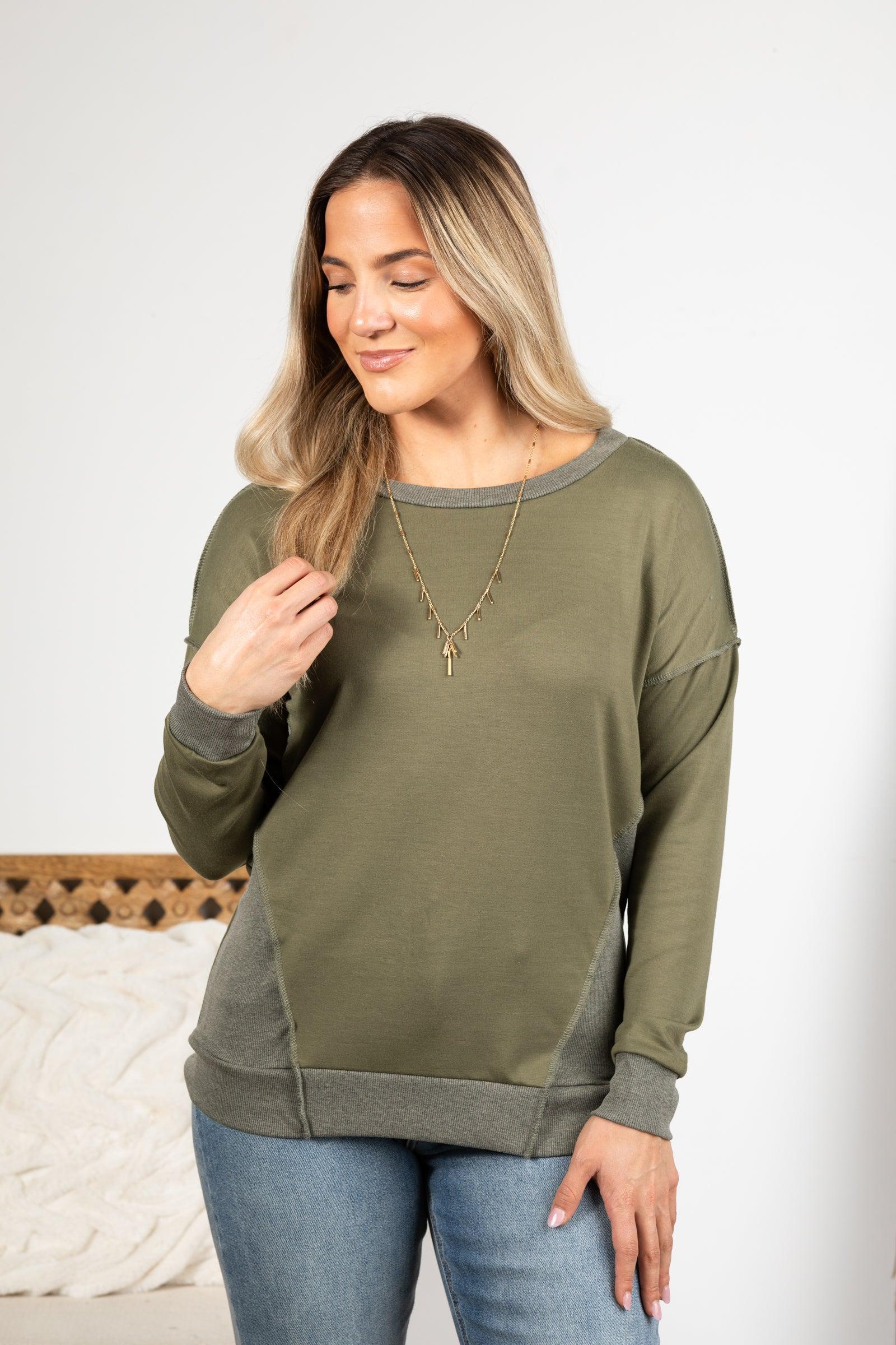 Olive Long Sleeve With Exposed Seam Knit Top Product Image