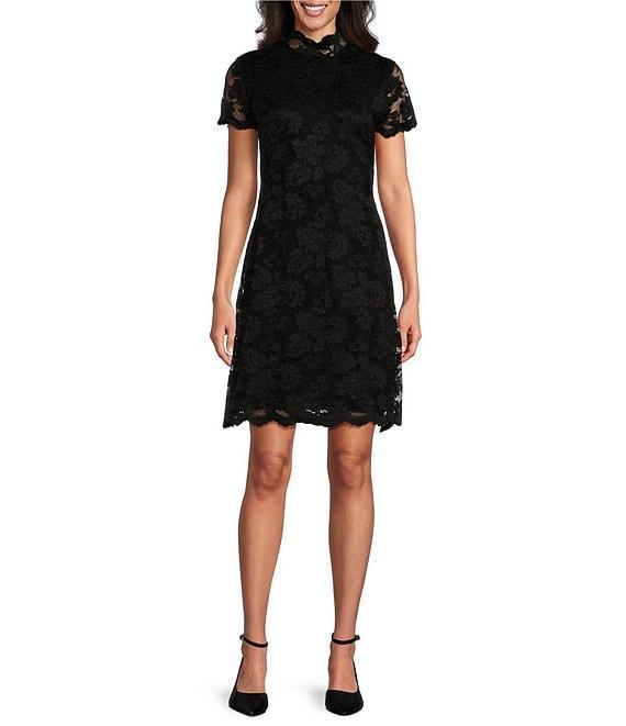 Marina Scalloped Lace Mock Neck Short Sleeve Sheath Dress Product Image