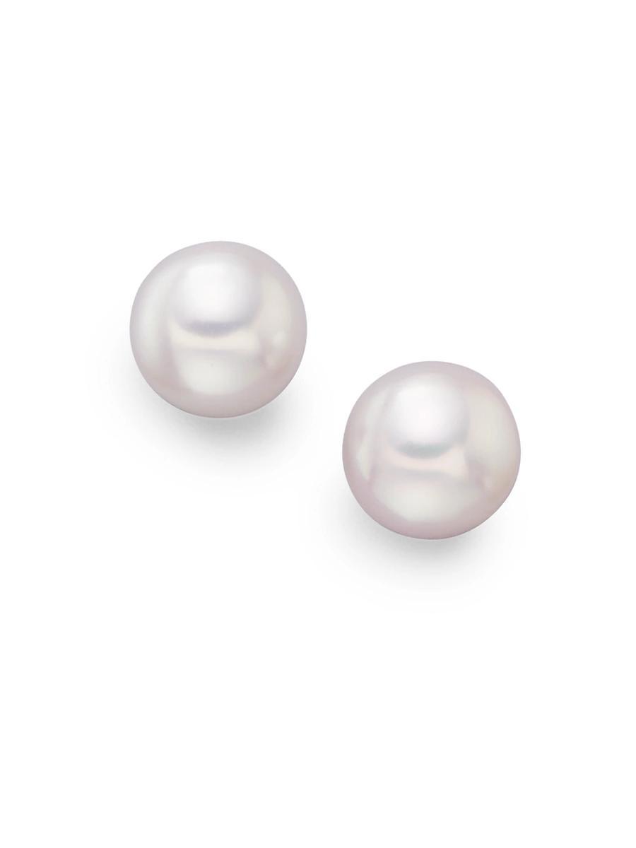 Womens 7MM White Cultured Akoya Pearl & 18K White Gold Stud Earrings Product Image