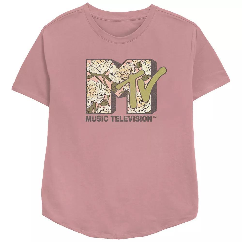 Women's MTV Flower And Leaf Pattern Logo Relaxed Fit Graphic Tee, Girl's, Size: Small, Pink Product Image