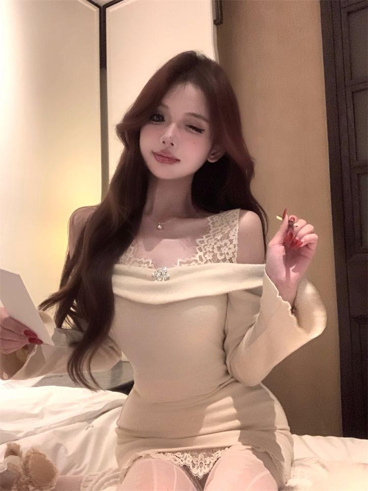 Long Sleeve Cold Shoulder Plain Mock Two Piece Panel Lace Mini Sheath Dress Product Image