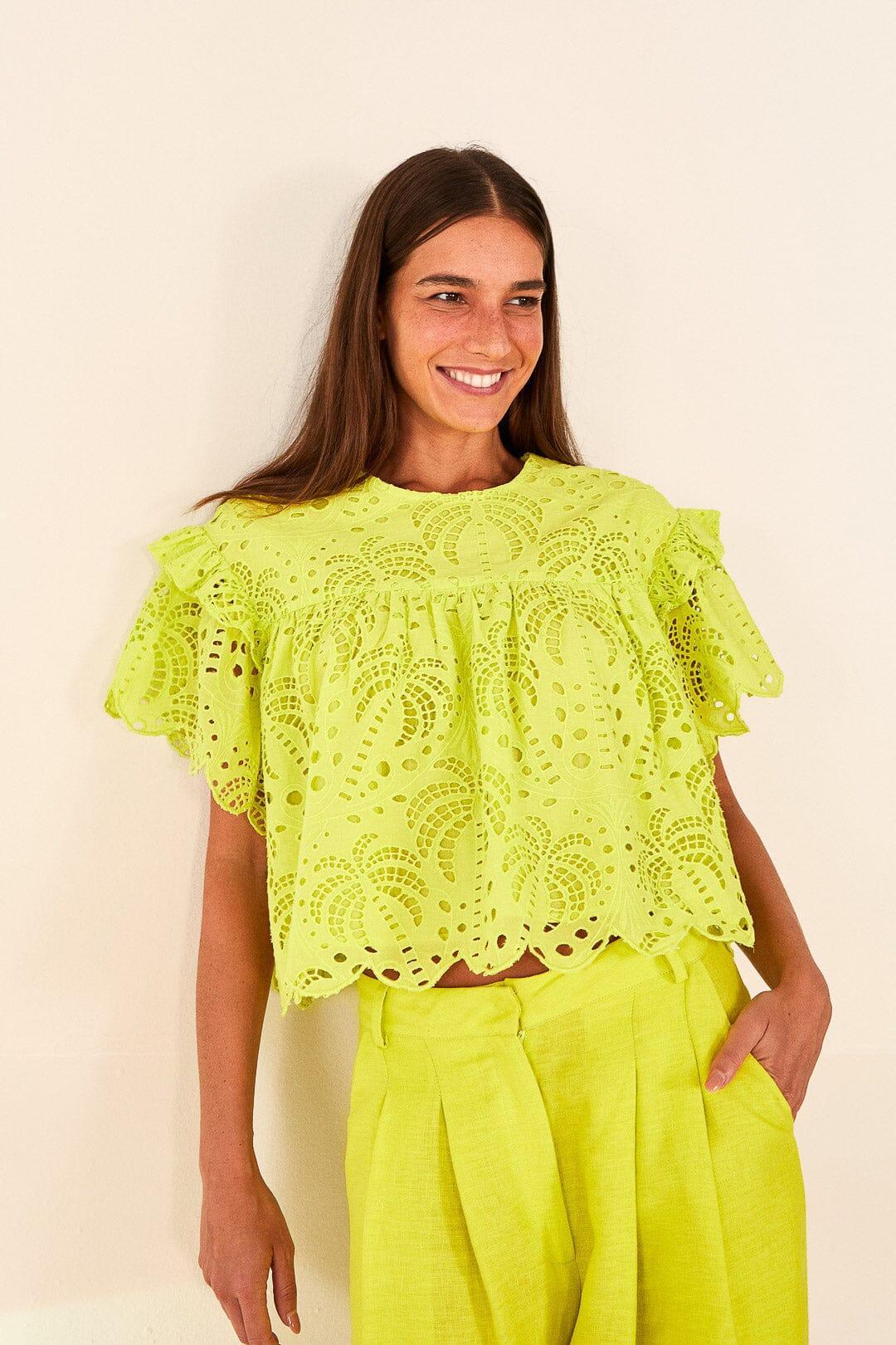 Lime Green Palm Tree Richelieu Blouse Product Image