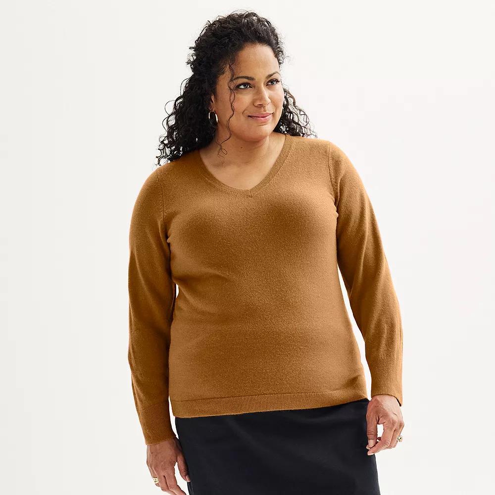 Plus Size Croft & Barrow Extra Soft V-Neck Sweater, Womens Camel Grey Product Image