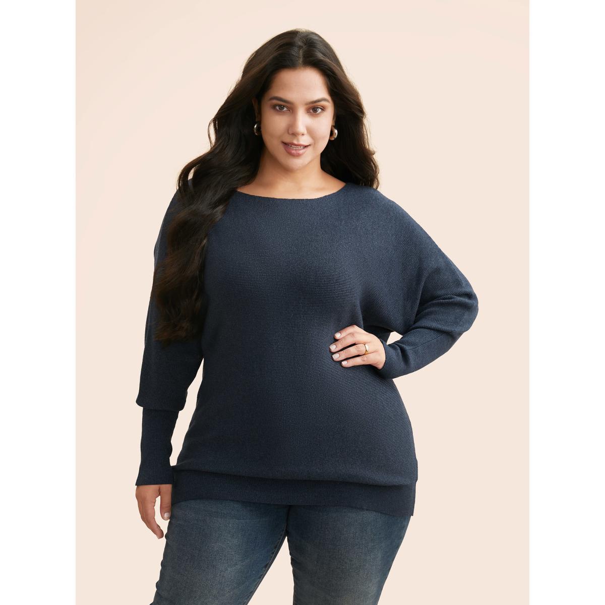 Plus Size Supersoft Dolman Sleeve Pullover Indigo Women Casual Loose Long Sleeve Boat Neck Everyday Pullovers BloomChic 10/M Product Image