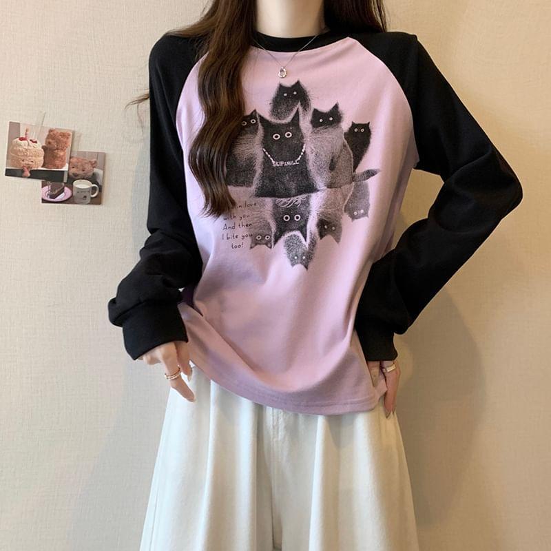 Long-Sleeve Round Neck Cat Print Raglan T-Shirt Product Image