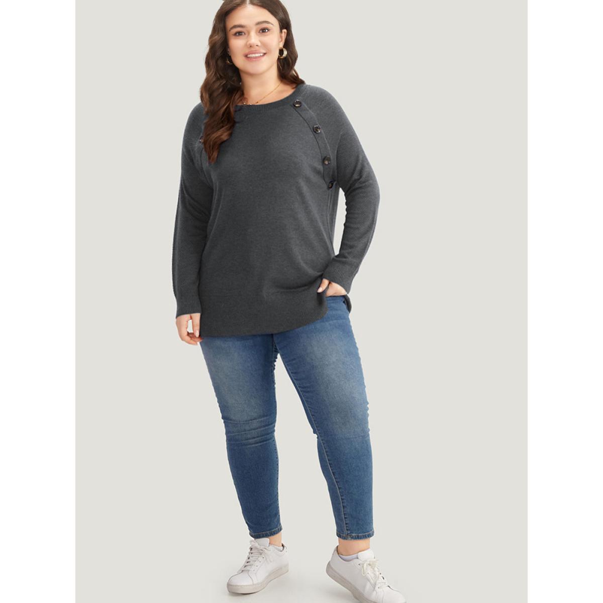 Plus Size Supersoft Essentials Button Detail Raglan Sleeve Pullover DimGray Women Casual Long Sleeve Round Neck Dailywear Pullovers BloomChic 26/4X Product Image