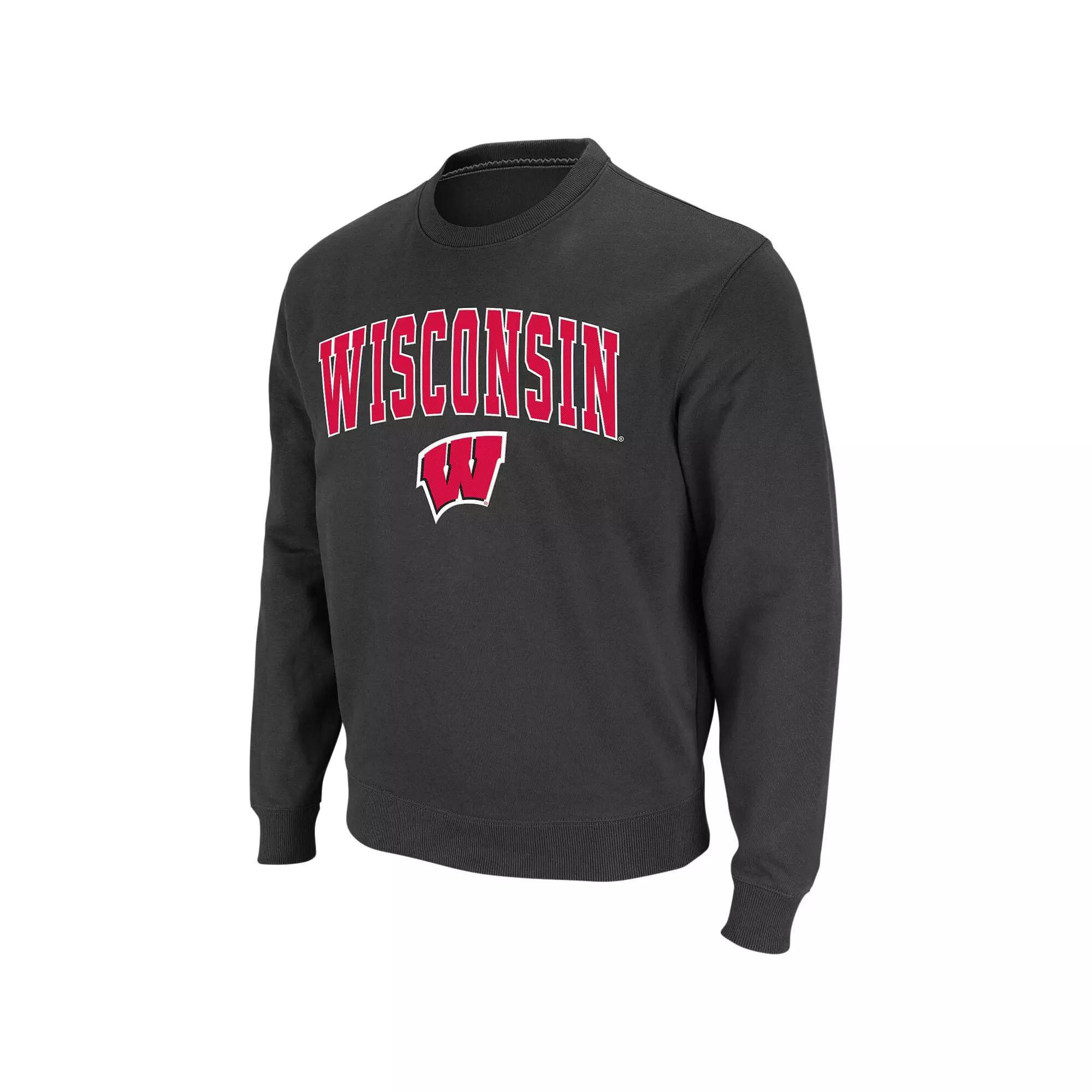 Men's Colosseum Charcoal Wisconsin Badgers Arch & Logo Crew Neck Sweatshirt,  Product Image