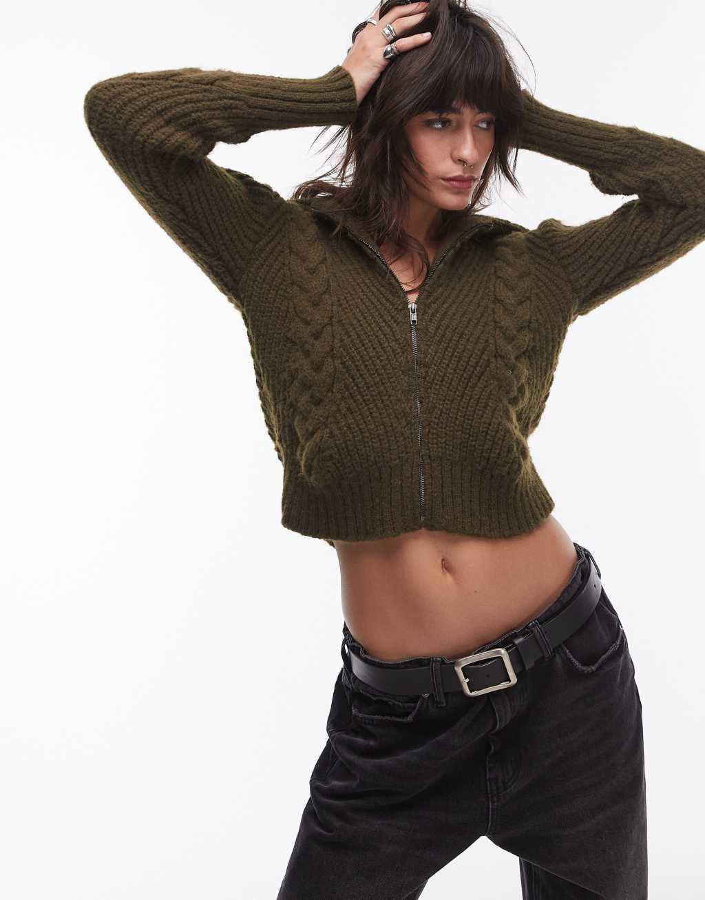 Topshop knitted extreme collar zip through cable cardi in khaki Product Image