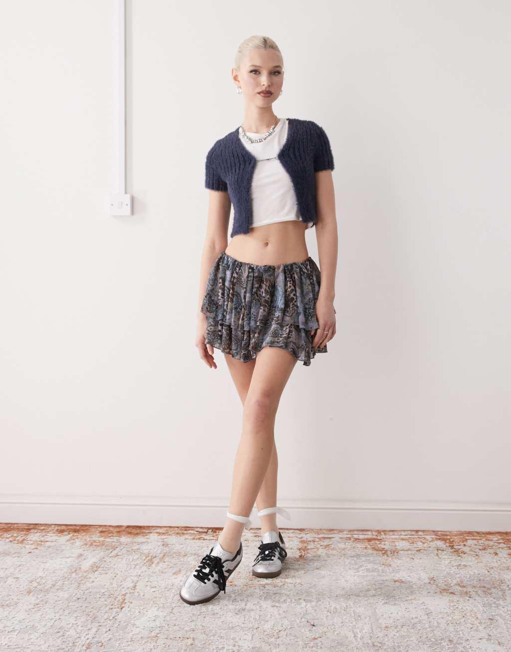 Monki tiered mini skirt in brown paisley print  Product Image