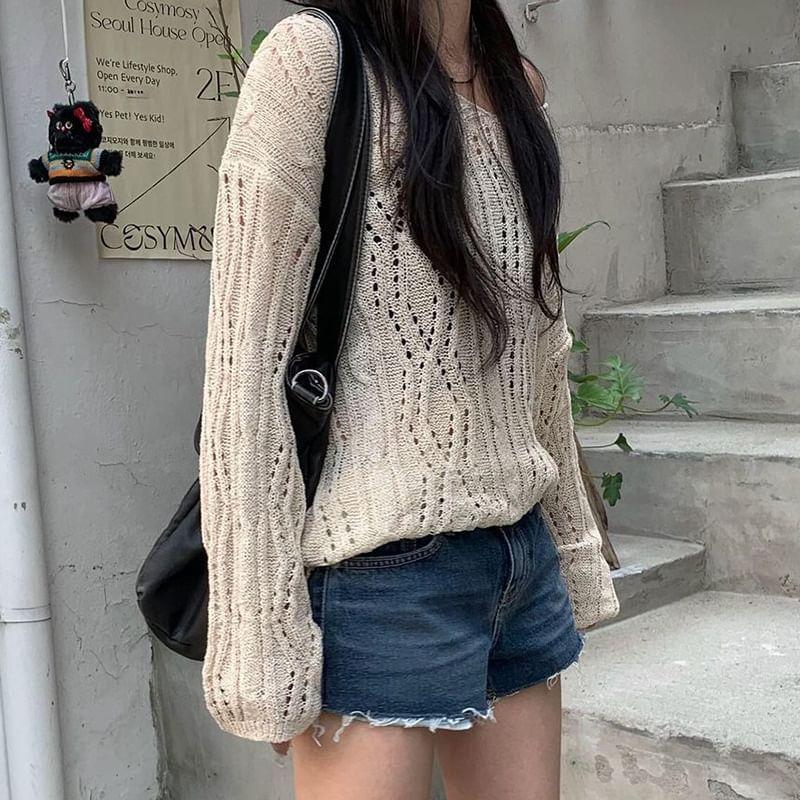 Long Sleeve V-Neck Plain Crochet Knit Loose-Fit Top Product Image