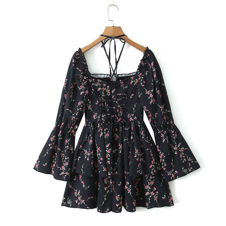 Long-Sleeve Square Neck Floral Print Mini A-Line Dress Product Image