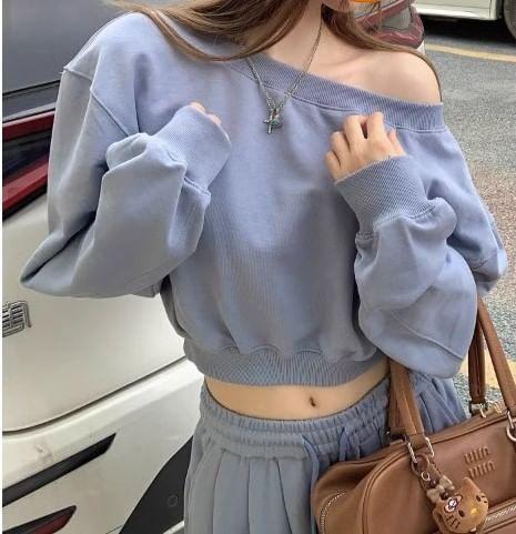 Set: One Shoulder Plain Crop Sweatshirt + Drawstring Waist Wide Leg Sweatpants Product Image