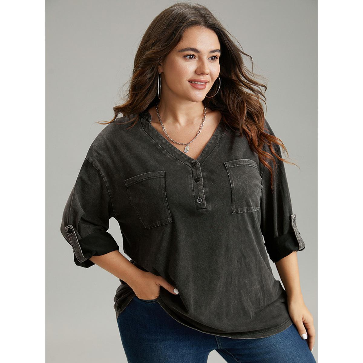Plus Size Vintage Roll Tab Sleeve Button Up T-shirt Black Women Casual Plain Plain V-neck Dailywear T-shirts BloomChic 18-20/2X Product Image