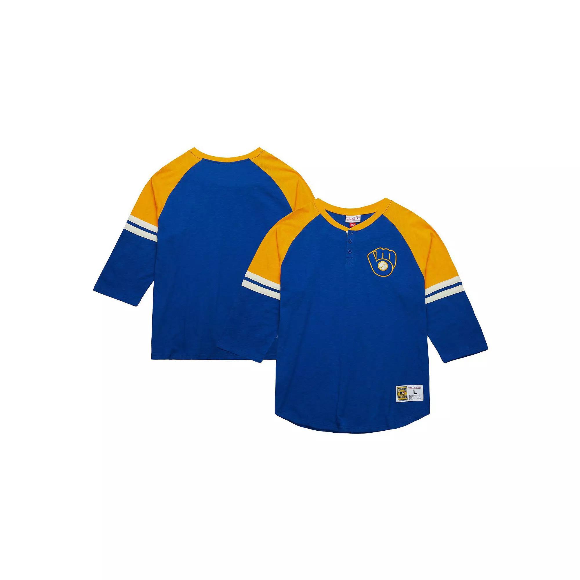 Men's Mitchell & Ness Royal Milwaukee Brewers Cooperstown Collection Legendary Raglan Slub Henley 3/4-Sleeve T-Shirt, Size: Small, Blue Product Image