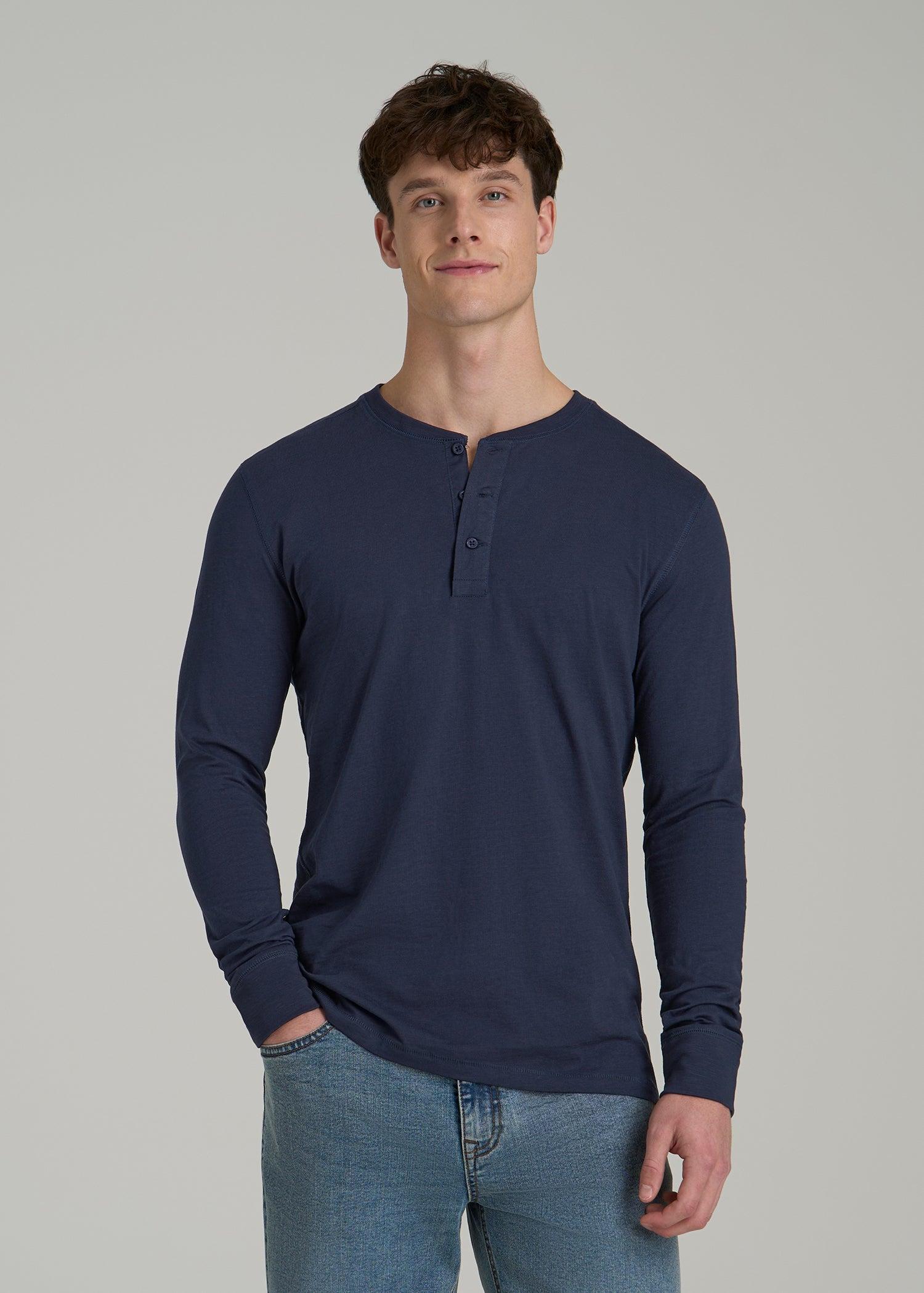 Three-Button Long Sleeve Slub Henley for Tall Men in Navy Male Product Image