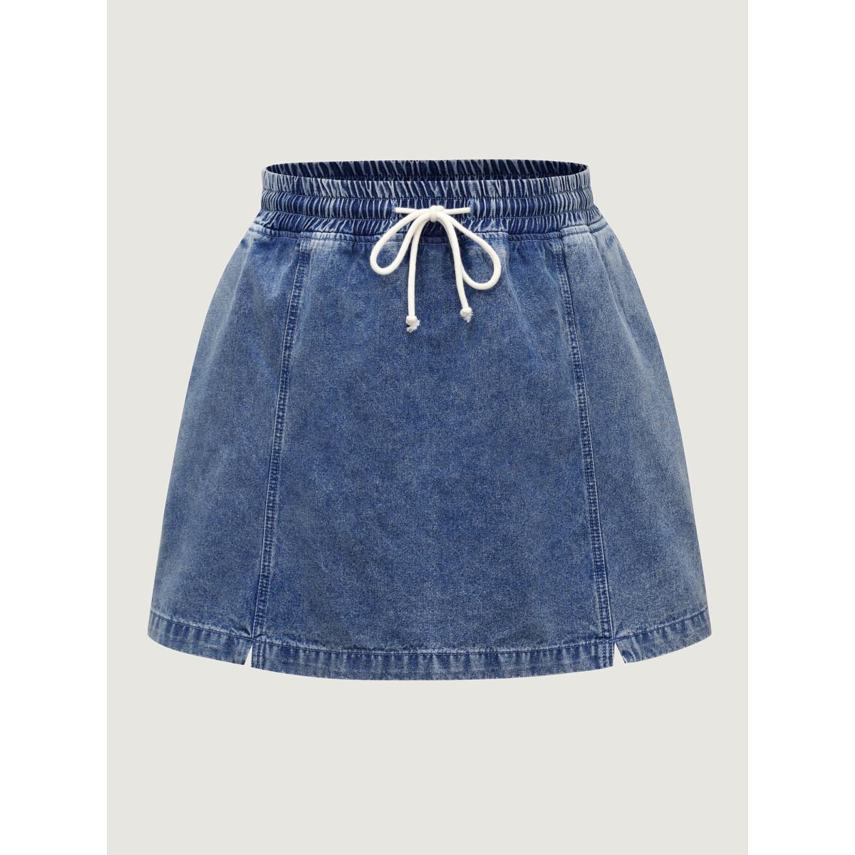 Plus Size Pull-On Drawstring Denim Skort Women Midblue No stretch Casual Slanted pocket Leisure Denim Shorts BloomChic 12/L Product Image