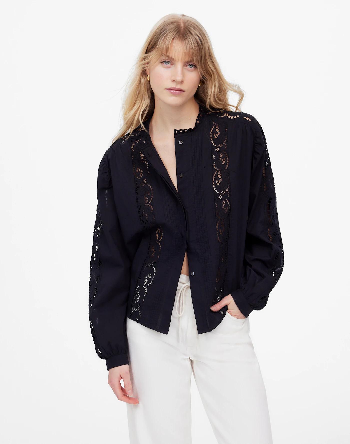 Lace-Inset Pintucked Button-Up Top Product Image