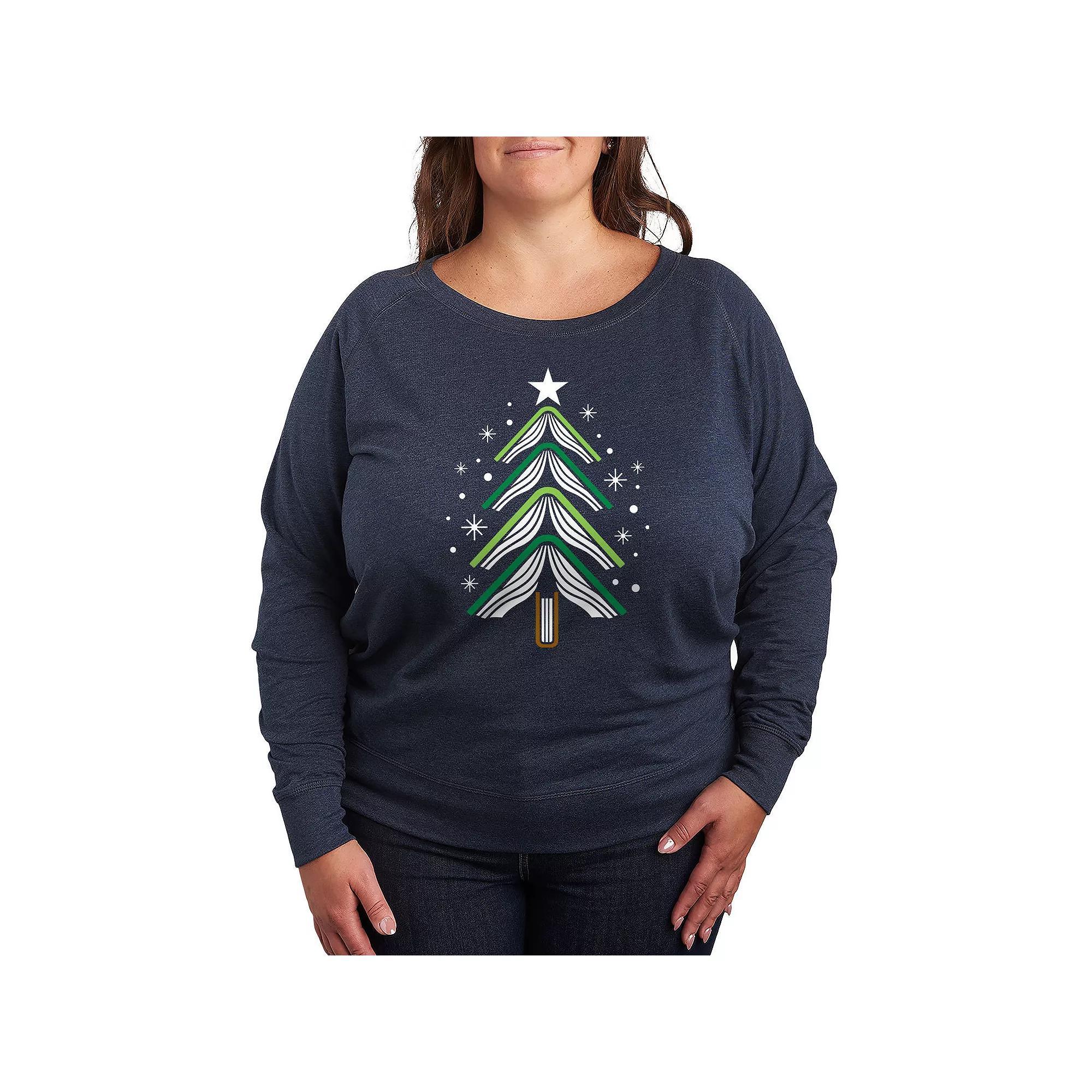 Plus Size Book Christmas Tree French Terry Long Sleeve Tee, Women's, Size: 2XL, Grey Indigo Product Image