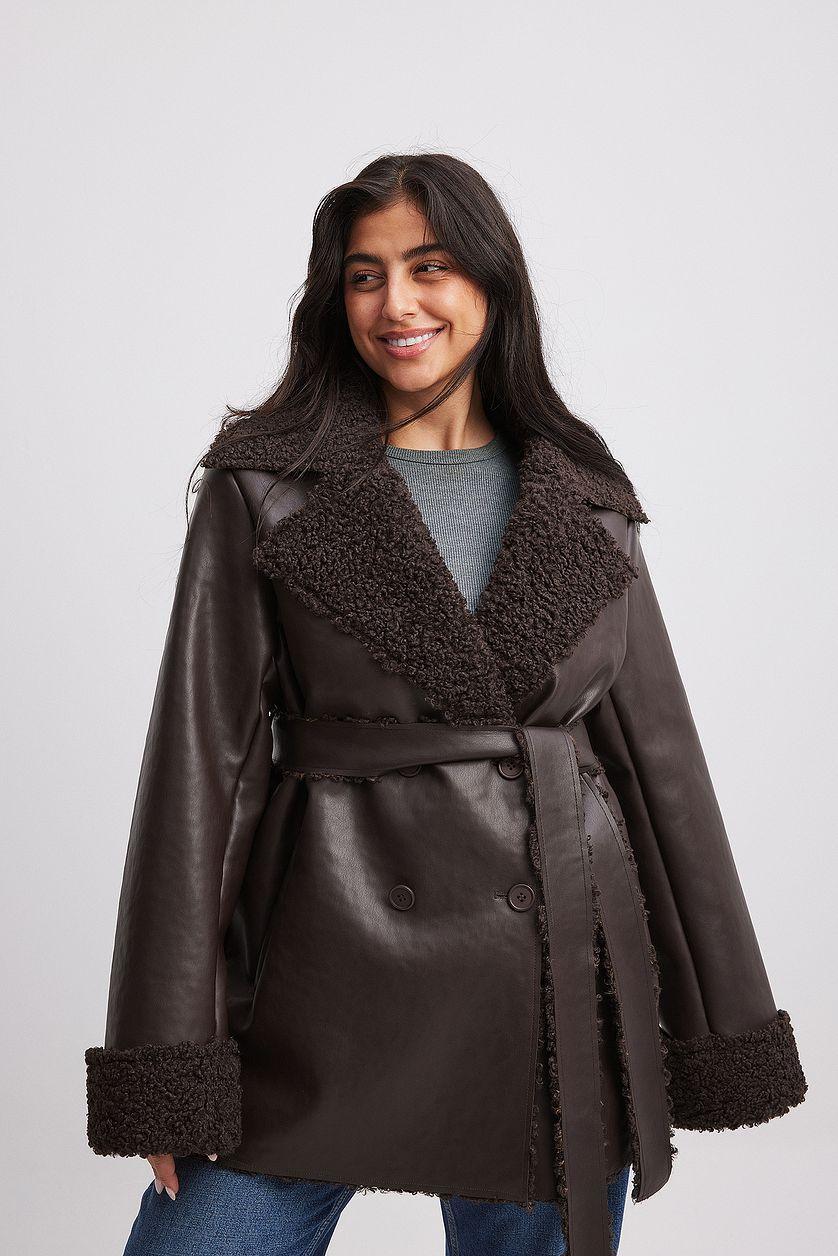 Short Teddy Detail Pu Coat Product Image