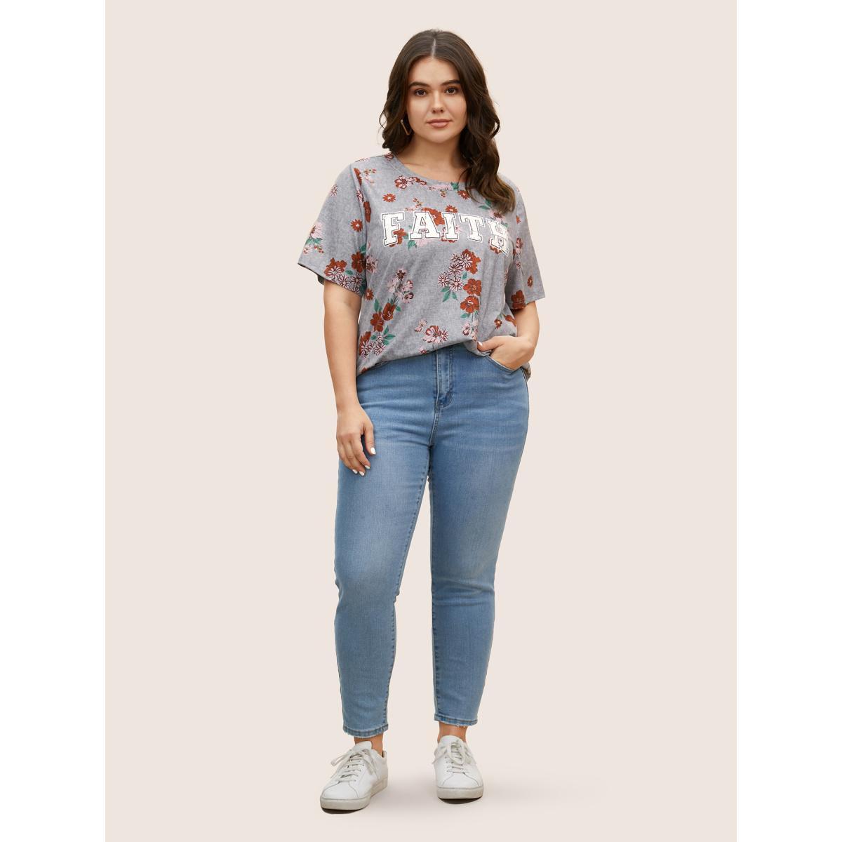Plus Size Natural Flowers & Letter Print Crew Neck T-shirt Mediumgray Women Casual Contrast Natural Flowers Round Neck Everyday T-shirts BloomChic 14-16/1X Product Image