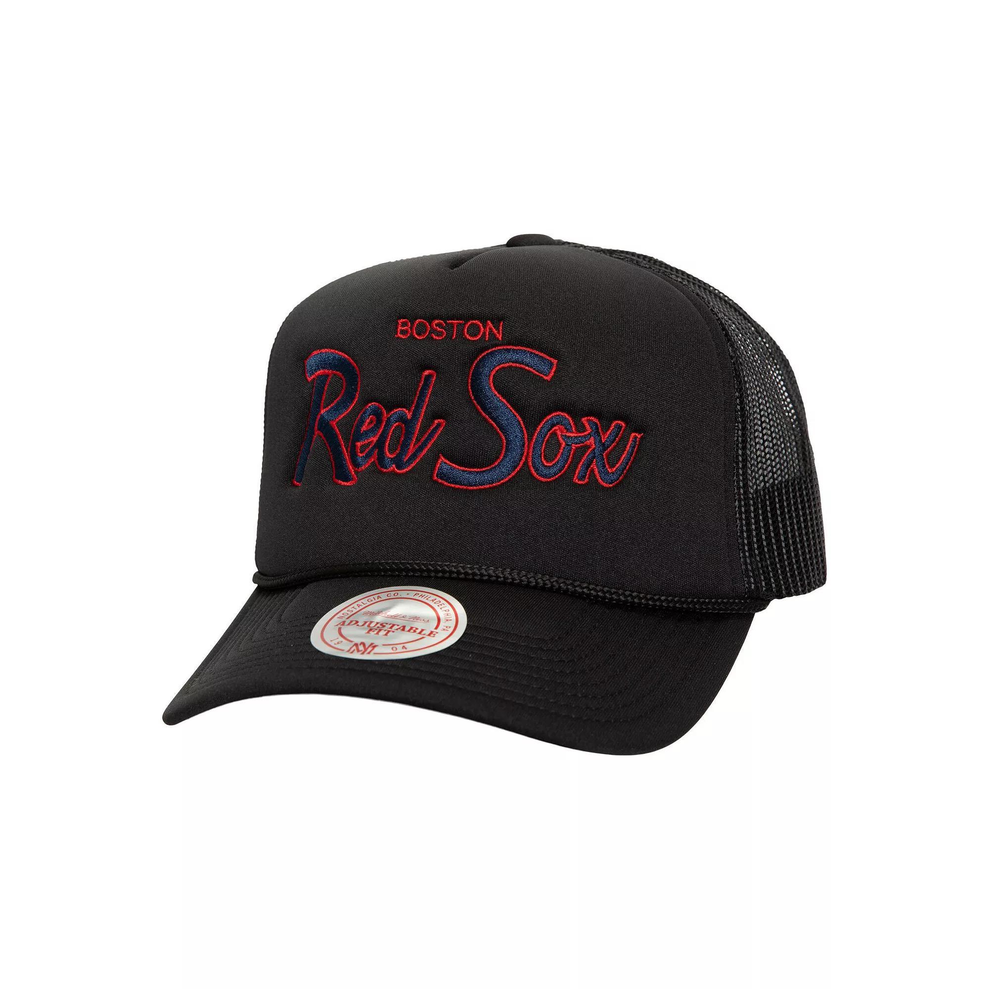 Men's Mitchell & Ness Black Boston Red Sox Script Trucker Adjustable Hat Product Image