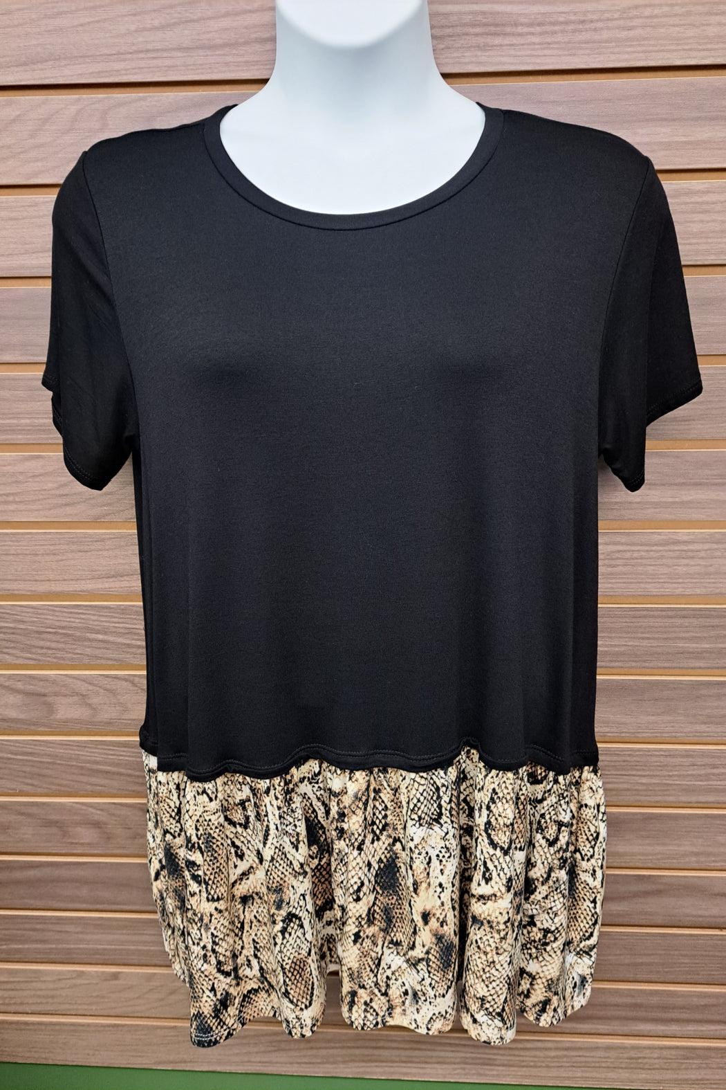 Black leopard ruffled bottom long t-shirt Product Image