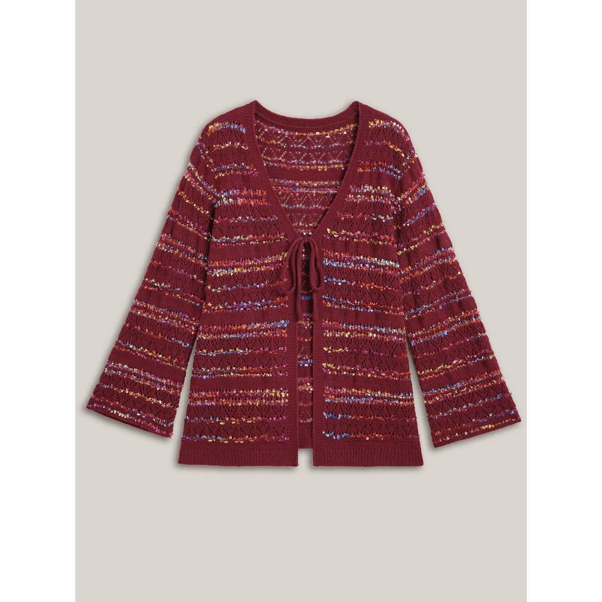 Plus Size Striped Front-Tie Cut-Out Cardigan Deepred Women Casual Loose Long Sleeve Everyday Cardigans BloomChic 28/5X Product Image