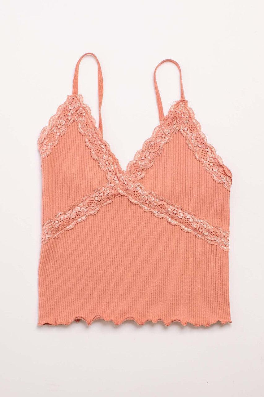 Peach Seamless Lace Trim Crop Cami Product Image