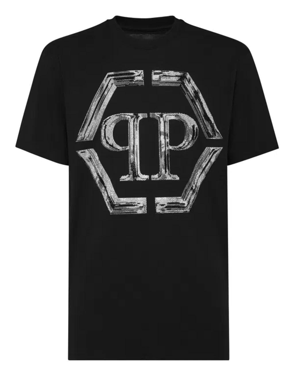 PHILIPP PLEIN T-shirt Round Neck Ss Strass Hexagon In Black   Product Image