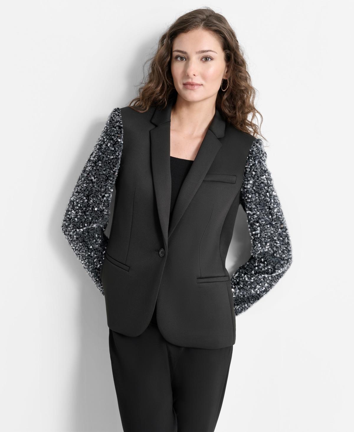 Dkny Womens Sequinned-Sleeve Single-Button Blazer - Blk Product Image