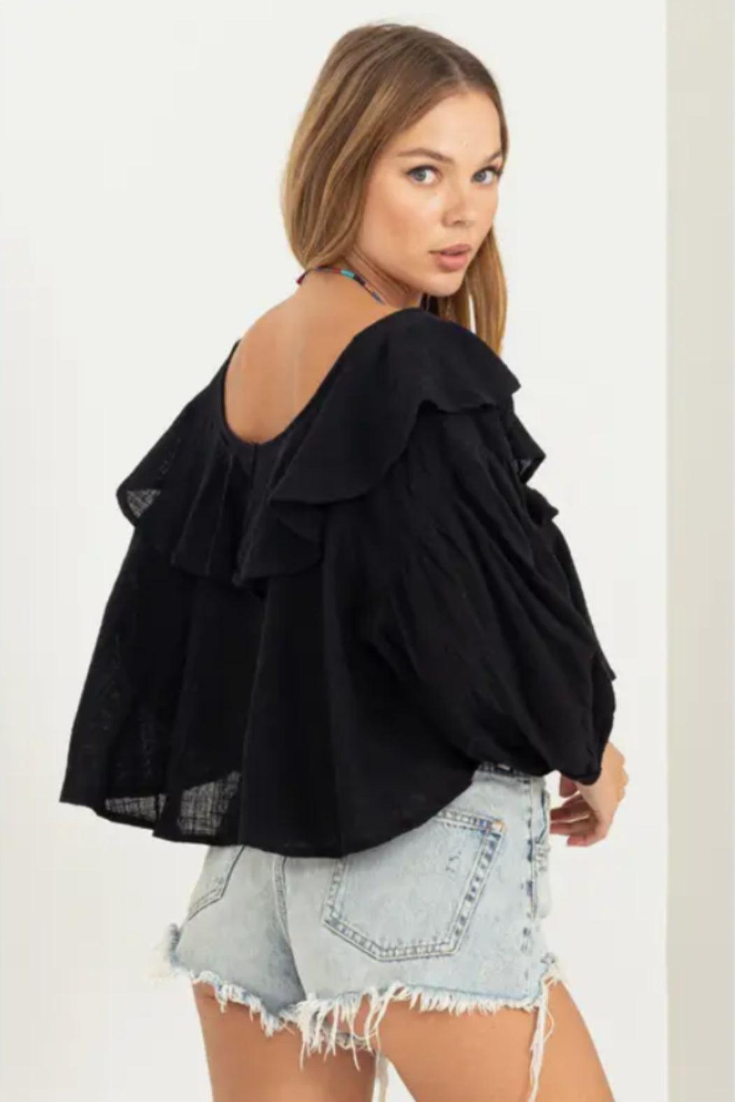 Sweetie Ruffled Three Quarter Sleeve Crop Top Product Image