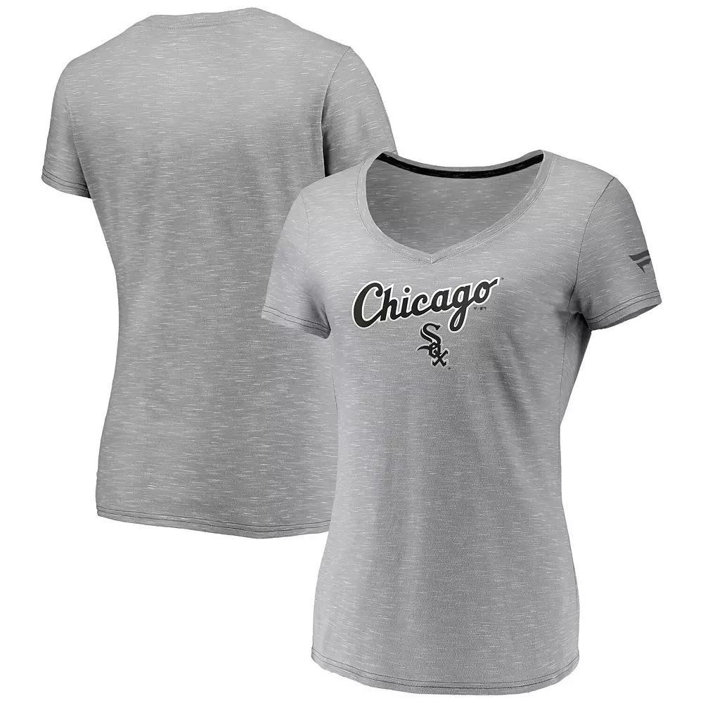 Women's Fanatics Branded Gray Chicago White Sox Wordmark & Logo Space-Dye V-Neck T-Shirt, Size: Small, Grey Product Image